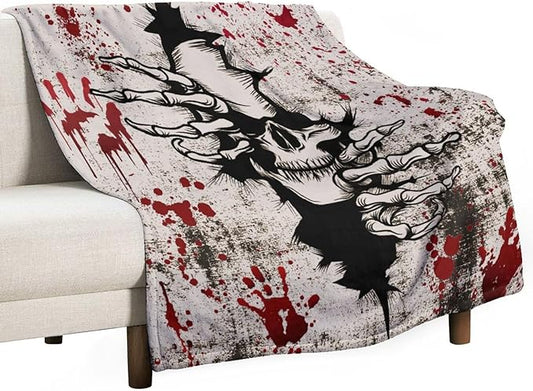 Horror Skull Throw Blanket, Halloween Day of The Dead Vintage Gothic Scary Blood Hand Soft Warm Fleece Blanket for Bed Couch Living Room All Season, 50"x60"