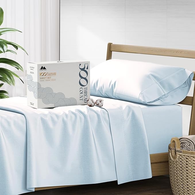 Mayfair Linen 100% Cotton Bed Sheets Twin Sheet Set - 500 Thread Count Sheets Twin Size 3 PC Set (Light Blue), Soft, Cooling, Hotel-Quality 16" Deep Pocket Sateen Weave Cotton Bedsheet for Dorm Room
