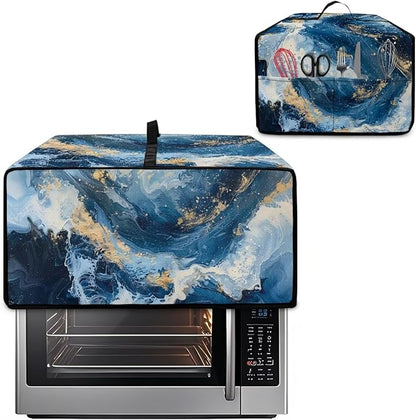 Blue Golden Marble Texture Print Microwave Oven Cover Dust-Proof Polyester-Linen Fabric Toaster Oven Cover Easy to Clean Microwave Grill Cover Protector with Top Handle, L