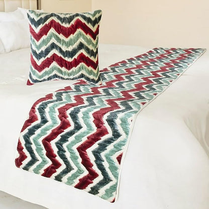 The HomeCentric King/Queen/Twin Red & Blue Designer Queen 74"x18" Bed Runner Without Pillow Cover, Chevron & Quilted Bed Scarf on Suede Fabric - Chevron Symphony