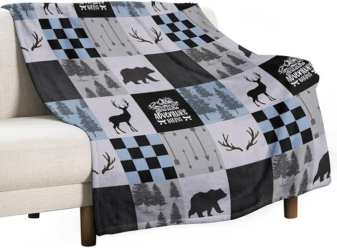 Bear Cabin Plaid Blanket, Rustic Retro Bear Deer Patchwork Gray Blue Farmhouse Throw Blanket for Couch Bed Living Room, 30"x40"