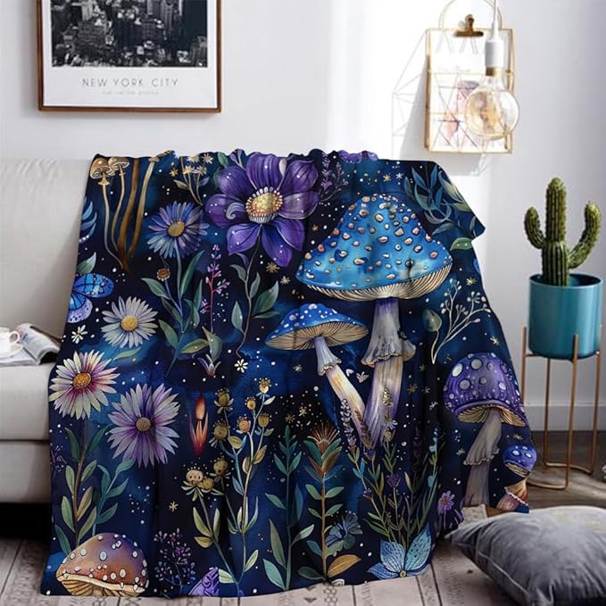 Cute Whimsical Mushroom Throw Blanket Aesthetic Dark Botanical Florals Throw,Witchy Gifts for Women,Gothic Gifts,Soft Cozy Warm Moth Witchy Plush Blanket Throw for Women Girls Mom 60"x80"
