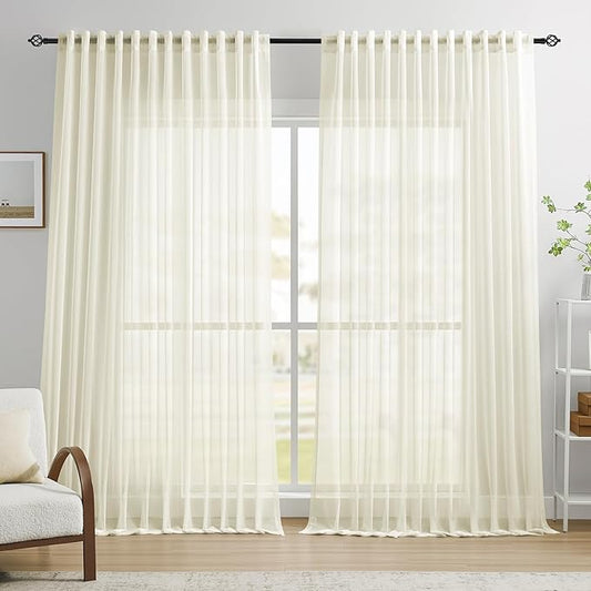 Dreaming Casa Ivory Sheer Curtains 102 Inches Long, Rod Pocket & Back Tab Light Filtering Textured Sheers for Living Room Bedroom, 2 Panels, Each 100" W x 102" L
