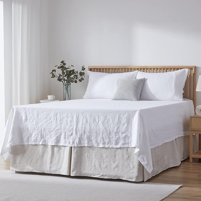 Simple&Opulence Belgian Linen Bed Skirt with Classic 22 inch Tailored Drop Dust Ruffle, Easy Fit Breathable Premium Natural Flax - Basic Linen, Queen