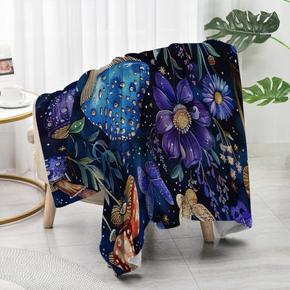 Cute Whimsical Mushroom Throw Blanket Aesthetic Dark Botanical Florals Throw,Witchy Gifts for Women,Gothic Gifts,Soft Cozy Warm Moth Witchy Plush Blanket Throw for Women Girls Mom 60"x80"