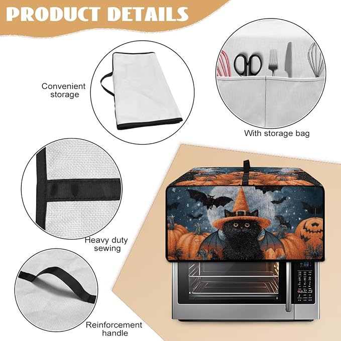 Bat Cat Pumpkin Moon Print Toaster Oven Cover Dust-Proof Microwave Oven Grill Cover Protector with Top Handle Reusable Reusable Kitchen Accessories for Halloween Decor, S