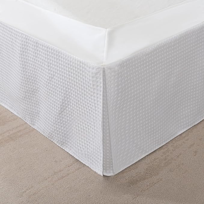 Queen Bed Skirt, Wrap Around Bed Skirt with Pleated Corner, 14 Inch Drop Pleated Waffle Weave Bedskirts, Anti-Slip, Microfiber, White, 14'' Queen