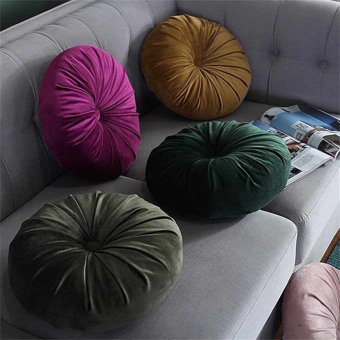 Round Throw Pillow Velvet Pumpkin Pleated Meditation Pillow Solid Color Home Decorative Throw Pillow Floor Cushion for Sofa Chair Living Room Decoration (Grey)