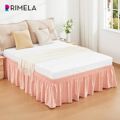 RIMELA Peachy Coral Bed Skirt Queen Size 15 Inch Drop, Elastic Bed Skirting for Bed Base and Frame, Bedding Dust Ruffle Easy to Install, Wrap Around Adjustable Bedskirt