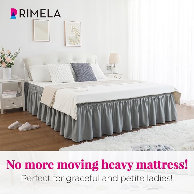 RIMELA Grey Queen Size Bed Skirt 15 Inch Drop,Elastic Bed Skirting, Light Gray Bedskirt for Adjustable Bed Base and Frame, Lightweight Wrap Around Dust Ruffle