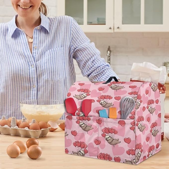 Funny Sloth with Hearts Mixer Cover Stand Mixer Dust Proof Covers with Handle and Front Pockets Kitchen Aid Mixer Cover for 6-8 Qt Mixer,Kitchen Coffee Maker Toaster Machine Dust Cover