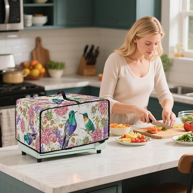 Watercolor Flower Hummingbird Print Microwave Oven Cover Dust-Proof Microwave Toaster Oven Cover Waterproof Foldable Kitchen Appliance Protector Suitable for Most Microwave Ovens, L