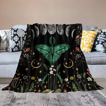 Moon Phase Moth Blanket, Vintage Botanical Mushroom Wildflower Gothic Night Moonlit Mysterious Witchy Throws Blanket for Sofa Bed Couch Chair, 50"x60"