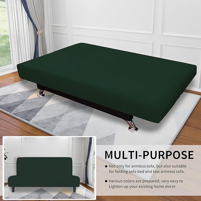 Easy-Going Stretch Futon Slipcover Armless Futon Bed Cover Furniture Protector Without Armrests with Elastic Bottom for Kids, Soft Jacquard Fabric Small Checks (Medium, Dark Green)