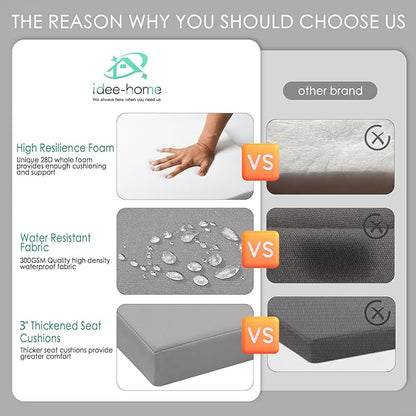 idee-home Outdoor Chair Cushions Set of 4, Thick 19" x 19" x 3" Patio Chair Cushions for Outdoor Furniture Waterproof with Ties, Seat Cushion, Chair Pads Dining Chair Grey