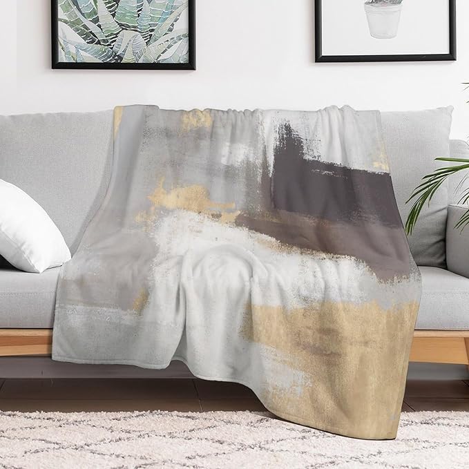 Fashion Gradient Blanket, Modern Abstract Baroque Grey Glod Painting Strokes Pattern Soft Warm Cozy Plush Flannel Covers for Livingroom Bedroom Couch Chair Camping Travel Home Decor Tapestry 40x50in