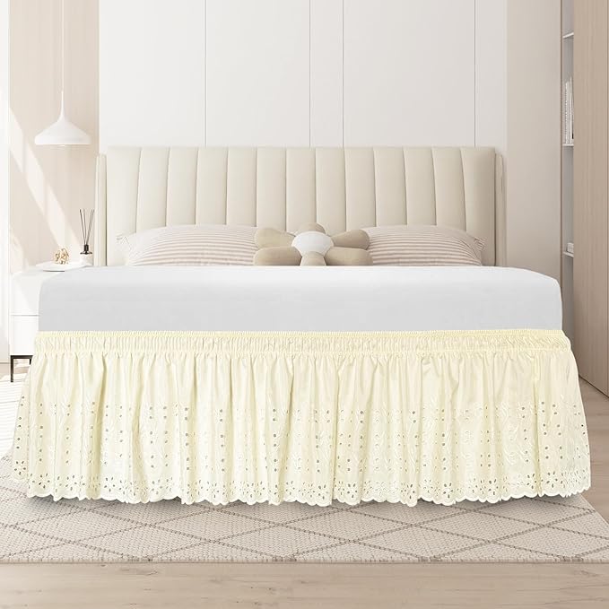 Full Bed Skirt, Wrap-Around Elastic Ruffled Eyelet Bed Skirt Full Size Dust Ruffle with Gathered Styling and Embroidered Details, 14" Drop Length (Light Yellow)