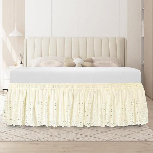 Full Bed Skirt, Wrap-Around Elastic Ruffled Eyelet Bed Skirt Full Size Dust Ruffle with Gathered Styling and Embroidered Details, 14" Drop Length (Light Yellow)