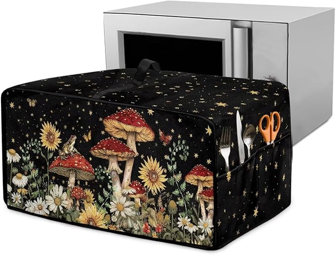 Microwave Oven Dust Cover Waterproof Toaster Oven Cover Foldable Polyester-Linen Small Appliance Dust Covers Suitable with Storage Bags, Mushroom Sunflower Daisy Star Butterfly Print, S
