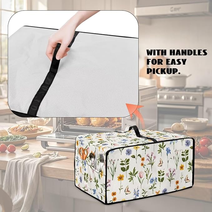Toaster Oven Dust Cover with Side Pockets, Washable Convection Oven Cover Small Electric Appliance Protector for Kitchen Home Decor, S, Floral Butterfly Cream White