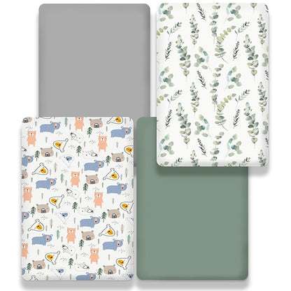 Bimocosy Pack and Play Sheets Fitted 4 Pack, 38 x 26 Inch Pack n Play Mini Crib Sheets for Boys and Girls, Soft Stretchy Playard Mattress Sheets for Graco Pack n Play, Forest Cubs