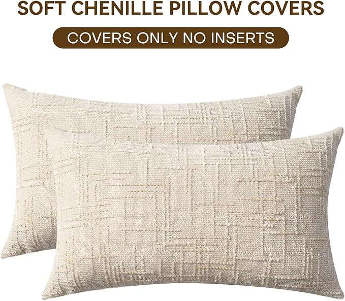 Decorative Throw Pillow Covers 12x20 Inch Set of 2, Thick Solid Farmhouse Chenille Couch Pillows, Spring Pillow Covers for Couch Sofa Bed Living Room Home Decor Pillowcase,White