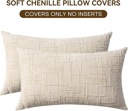 Decorative Throw Pillow Covers 12x20 Inch Set of 2, Thick Solid Farmhouse Chenille Couch Pillows, Spring Pillow Covers for Couch Sofa Bed Living Room Home Decor Pillowcase,White