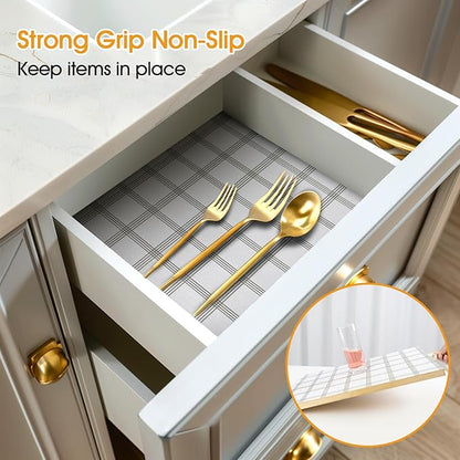 Shelf and Drawer Liner for Kitchen Cabinets Non-Adhesive, Strong Grip Non-Slip Thickened Cabinet Liners for Shelves, Waterproof Mats for Dresser Cupboard, White Square, 17 in x 10 Feet