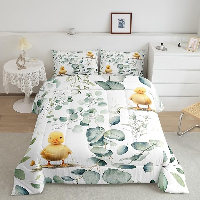 Erosebridal Kids Cute Animal King Comforter Set for Girls Boys Cartoon Duck Bedding Set King, Spring Eucalyptus Bedding Comforter Sets Watercolor Leaves Duvet Set, Kawaii Farm Animal Quilted Comforter
