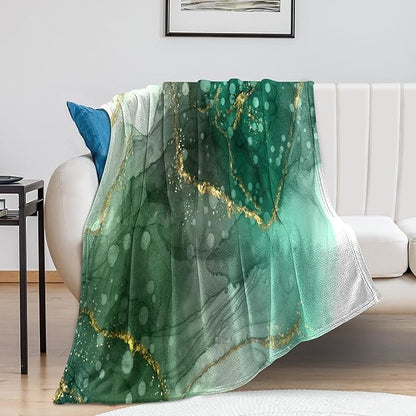 Modern Marble Blanket, Abstract Luxury Baroque Golden Lake Green Stone Veins Pattern Soft Warm Cozy Plush Flannel Covers for Livingroom Bedroom Couch Chair Camping Travel Home Decor Tapestry 40x50in