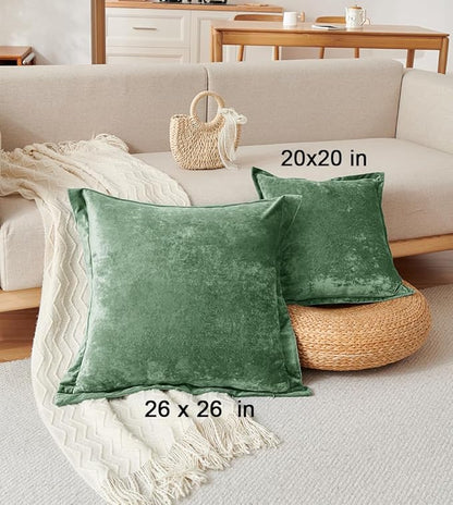 Luxurious Velvet Euro Shams Decorative Throw Pillow Covers 26x26 Set of 2 Solid Square Euro Pillow Shams for Sofa Couch Bedroom, Green