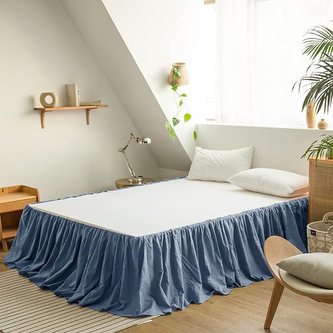BISELINA French Linen Bed Skirt with Pleated Frills 22-Inch Tailored Drop Natural Flax Cotton Blend Dust Ruffle Soft Cozy Farmhouse Bedding (22" King, Navy Blue)