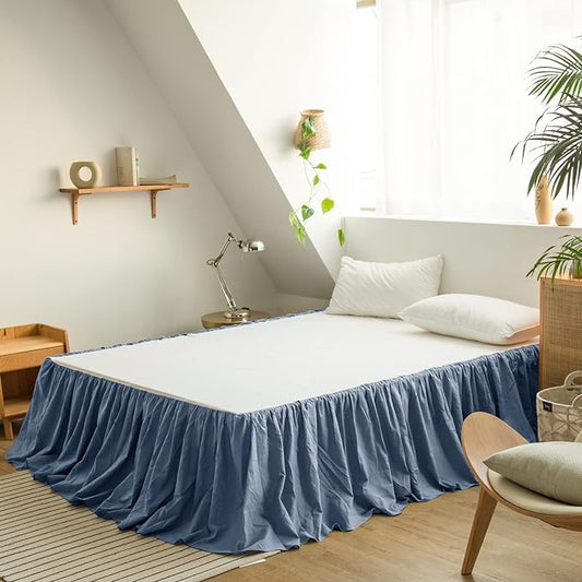 BISELINA French Linen Bed Skirt with Pleated Frills 22-Inch Tailored Drop Natural Flax Cotton Blend Dust Ruffle Soft Cozy Farmhouse Bedding (22" Queen, Navy Blue)