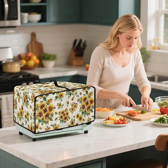 Sunflower Bee Print Toaster Oven Cover Dust-Proof Microwave Oven Cloth Cover with Storage Pockets Foldable Kitchen Machine Covers Case Protections Protector, S