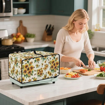 Sunflower Bee Print Toaster Oven Cover Dust-Proof Microwave Oven Cloth Cover with Storage Pockets Foldable Kitchen Machine Covers Case Protections Protector, L