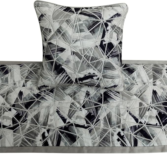 The HomeCentric King/Queen/Twin Grey Decorative Full 68"x18" Bed Runner with 2 Pillow Cover, Print & Embroidery Bed Scarf on Cotton Fabric - Grey Angular
