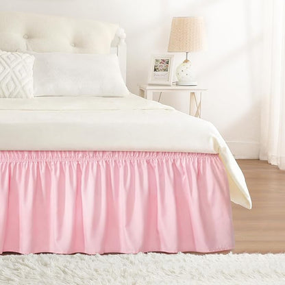 RIMELA Pink Bed Skirt Queen Size 18 Inch Drop, Elastic Bed Skirting for Bed Base and Frame, Bedding Dust Ruffle Easy to Install, Lightweight Wrap Around Adjustable Bedskirt