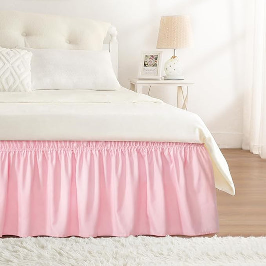 RIMELA Pink Bed Skirt Queen Size 18 Inch Drop, Elastic Bed Skirting for Bed Base and Frame, Bedding Dust Ruffle Easy to Install, Lightweight Wrap Around Adjustable Bedskirt