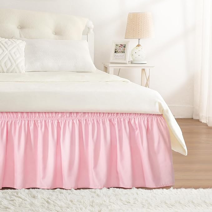 RIMELA Pink Bed Skirt Queen Size 15 Inch Drop Elastic Wrap Around Dust Ruffle Solid Bedding Bedskirt Soft Microfiber Fabric Machine Washable Easy to Install