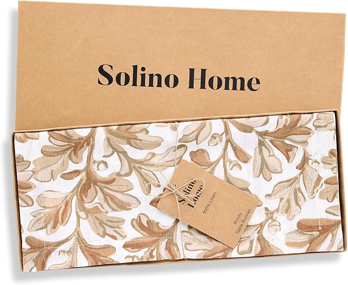 Solino Home 100% Pure Linen Fall Table Runner 90 Inches Long - Floral Print Table Runner 14 x 90 Inch for Autumn - Handcrafted and Machine Washable - Fallen Leaves Print