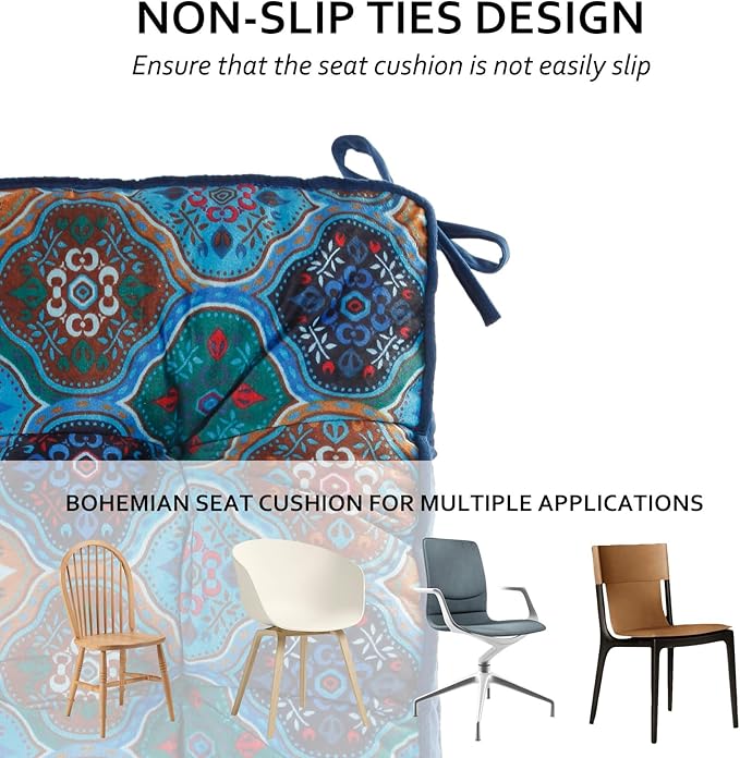 Bohemian Square Seat Cushions for Kitchen Dining Living Tea Room,16.5" x 16.5" Printing Velvet Chair Pads with Non-Slip Ties, 2Packs, Blue