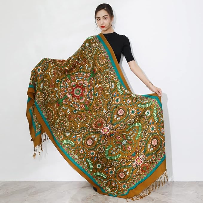 DANA XU 100% Merino Wool Pashmina Shawl for Women 96"x43", Oversized Cashmere Wrap with Tassels, Floral Travel Blanket Cape
