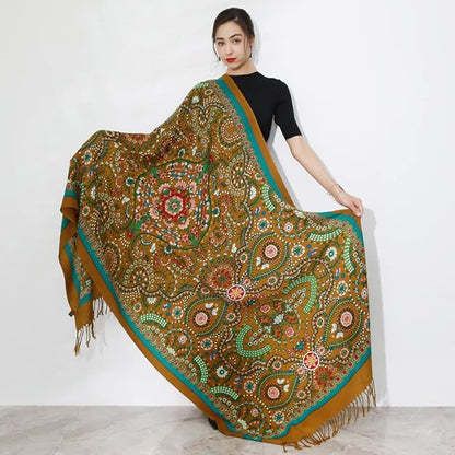 DANA XU 100% Merino Wool Pashmina Shawl for Women 96"x43", Oversized Cashmere Wrap with Tassels, Floral Travel Blanket Cape