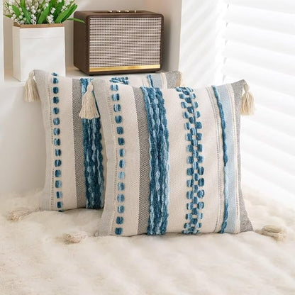 Boho Throw Pillow Covers 18x18 Set of 2 Woven Tufted Farmhouse Pillows Cover with Tassels Textured Striped Cushion Case Neutral Pillow Cases Decorative Pillowcase for Couch Bed,Sky Blue