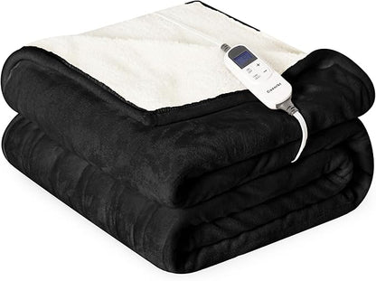 Heat Blanket 62”x84” Twin Size,Soft Flannel & Sherpa Reversible Electric Blanket with 10 Heat Settings,12 Timer Setting and 8 Hours Auto-Shut Off,ETL Certified Machine Washable,Black