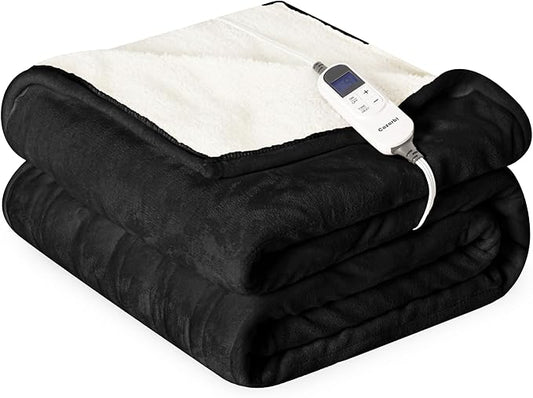 Heat Blanket 62”x84” Twin Size,Soft Flannel & Sherpa Reversible Electric Blanket with 10 Heat Settings,12 Timer Setting and 8 Hours Auto-Shut Off,ETL Certified Machine Washable,Black