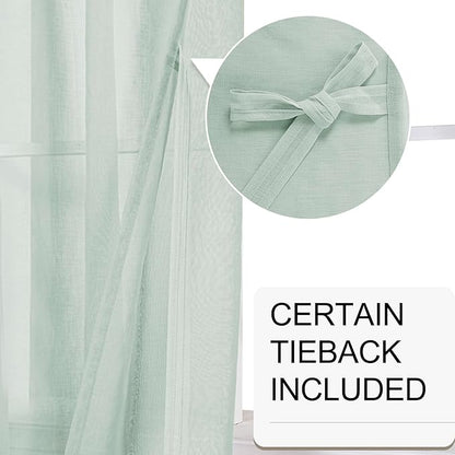 XWZO Sheer Curtains for Bedroom, Light & Airy, Grommet Top Light Filtering Window Curtains for Living Room, Sliding Glass Door, Bean Green with Tiebacks, Set of 2 Panels, 52 x 90 Inches Long