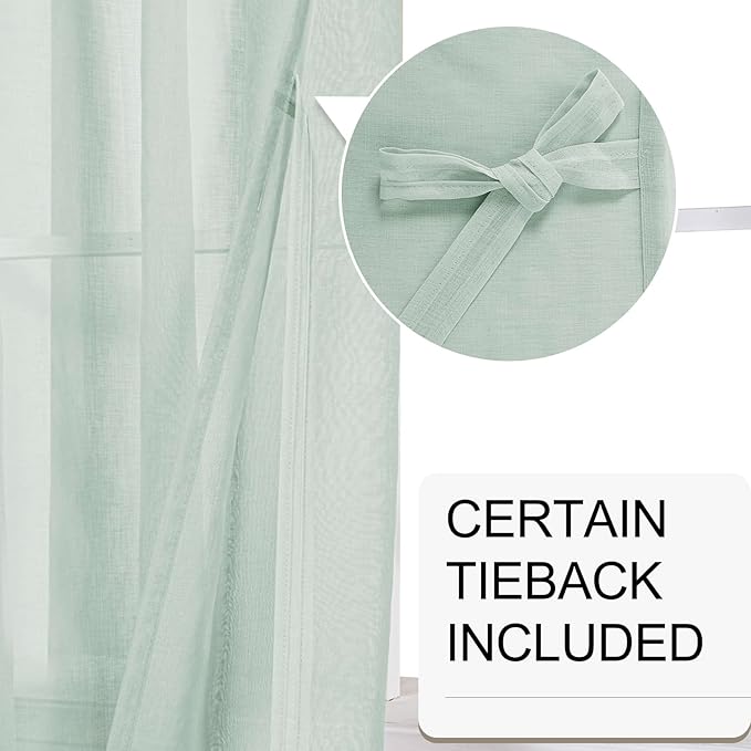 XWZO Sheer Curtains 84 Inches Length 2 Panels for Living Room with Tiebacks, Light & Airy, Eyelet Top Light Filtering Semi Transparent Window Curtains for Bedroom, Bean Green, 60 x 84 Inches Long