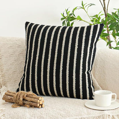 Jonhier Black Striped Boho Throw Pillow Cover, Modern Boucle Textured Square Pillowcase for Sofa Couch Bed, Neutral Farmhouse Accent Decorative Cushion Cover for Living Room Bedroom, 20 x 20 inch