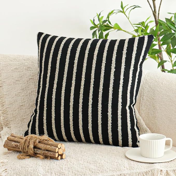 Jonhier Black Striped Boho Throw Pillow Cover, Modern Boucle Textured Square Pillowcase for Sofa Couch Bed, Neutral Farmhouse Accent Decorative Cushion Cover for Living Room Bedroom, 18 x 18 inch